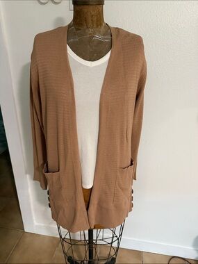 NWT Women's Adrienne Vittadini Open-Front Long Cardigan Sweater Tan PXL